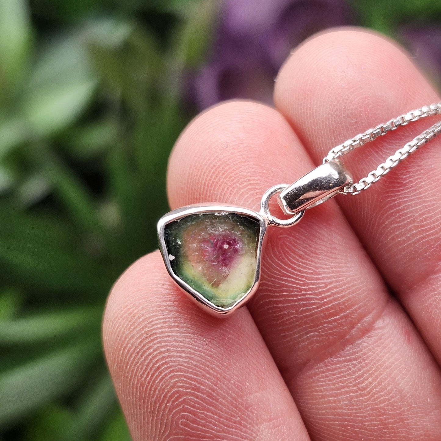 Watermelon Tourmaline Slice Pendant, Sterling Silver Tourmaline Necklace