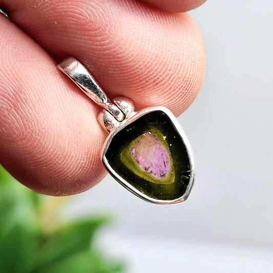 Watermelon Tourmaline Slice Pendant, Sterling Silver Tourmaline Necklace