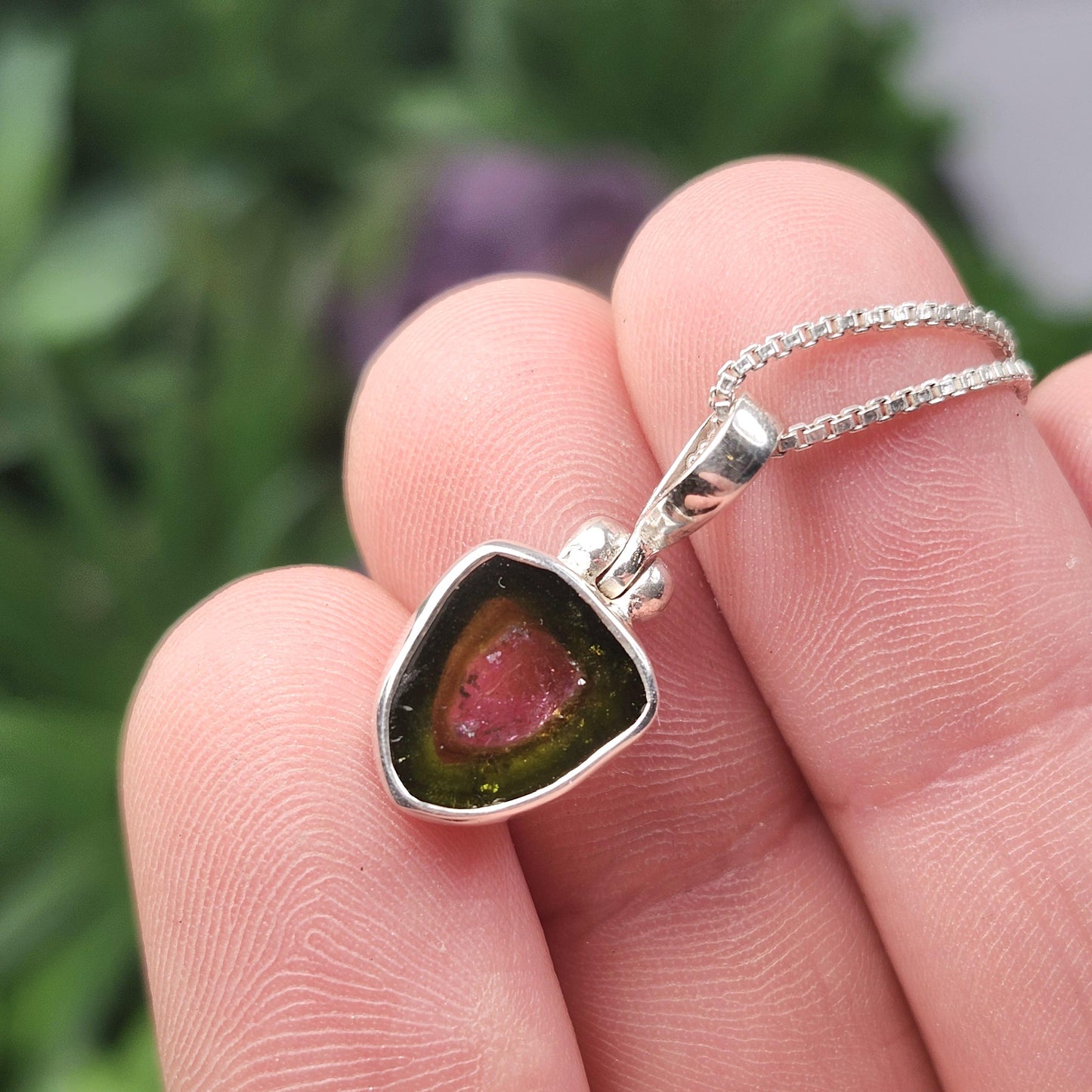 Watermelon Tourmaline Slice Pendant, Sterling Silver Tourmaline Necklace