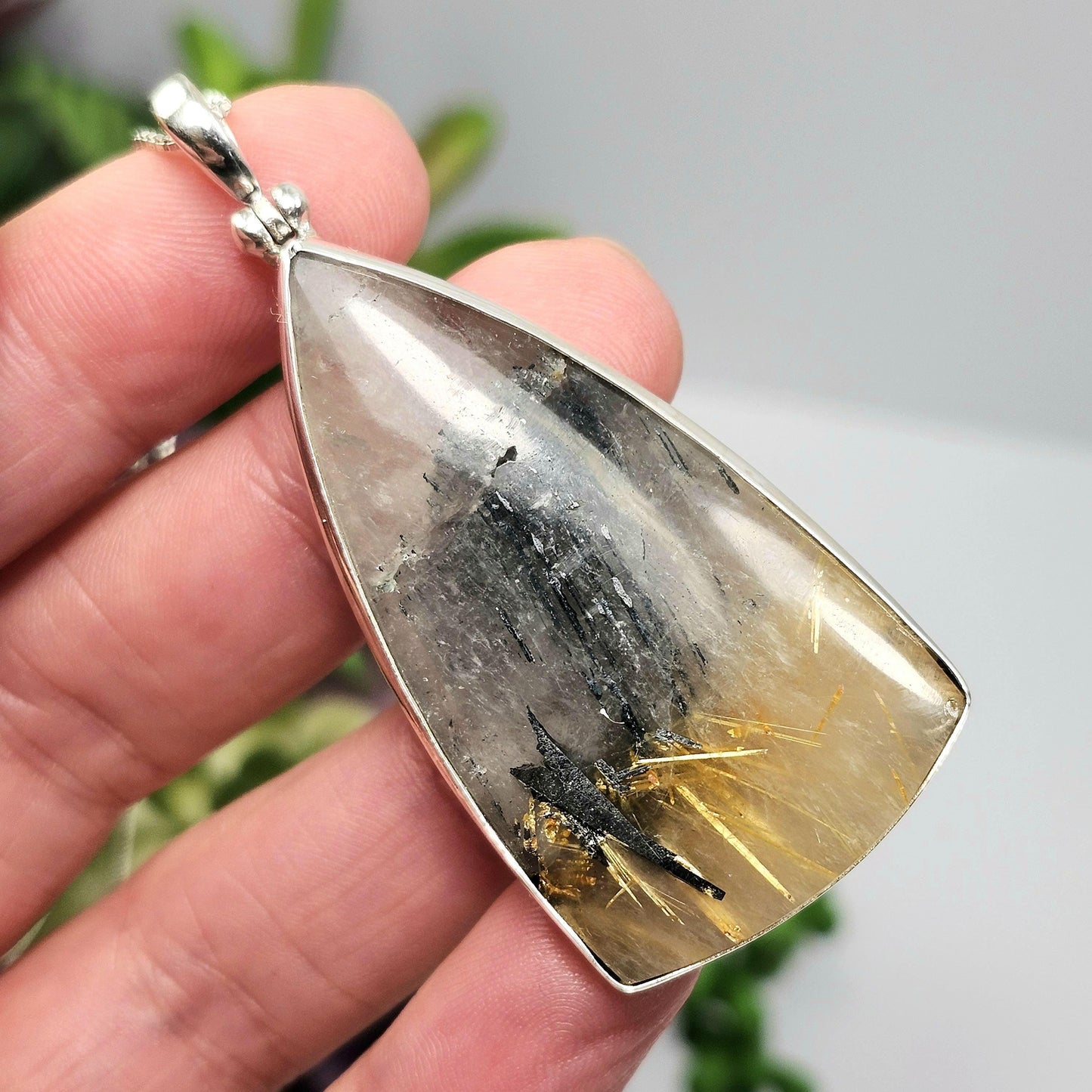 Hematite Rutile Star Quartz Pendant, Rutilated Brazilian Sterling Silver Crystal Necklace