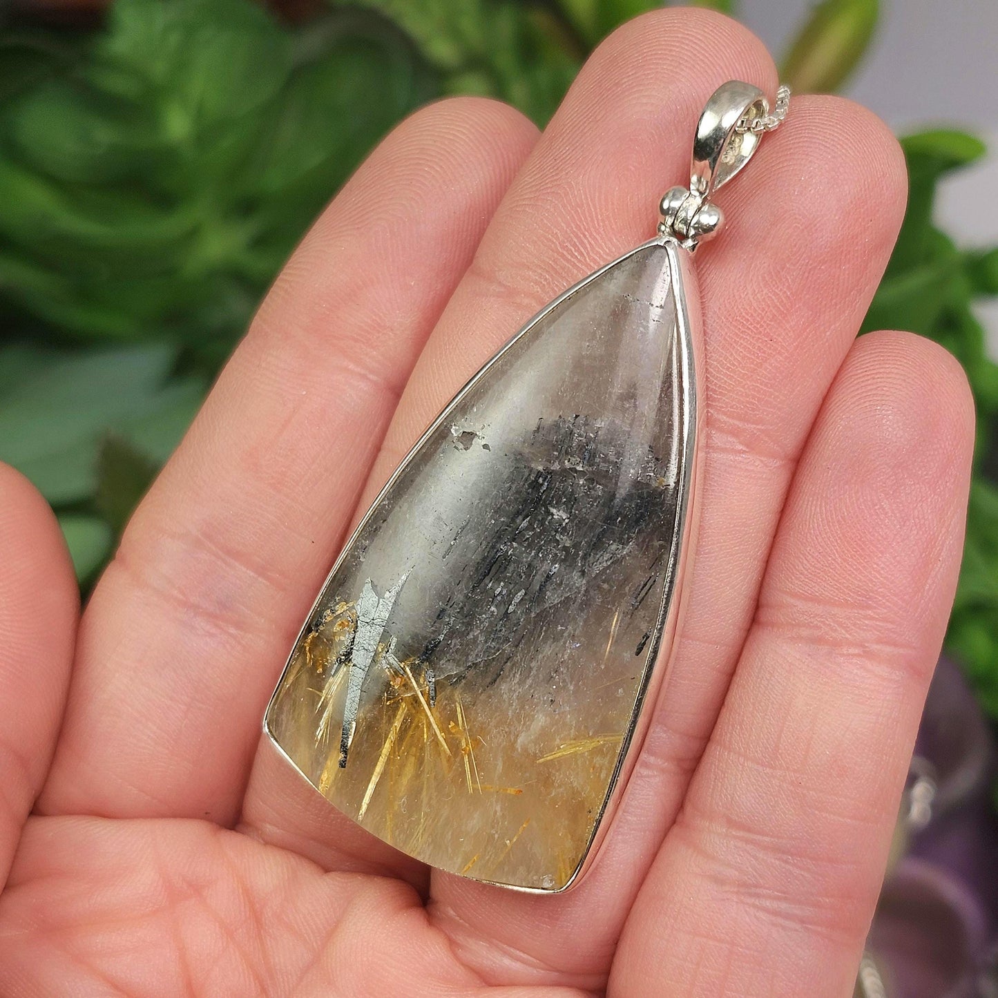 Hematite Rutile Star Quartz Pendant, Rutilated Brazilian Sterling Silver Crystal Necklace