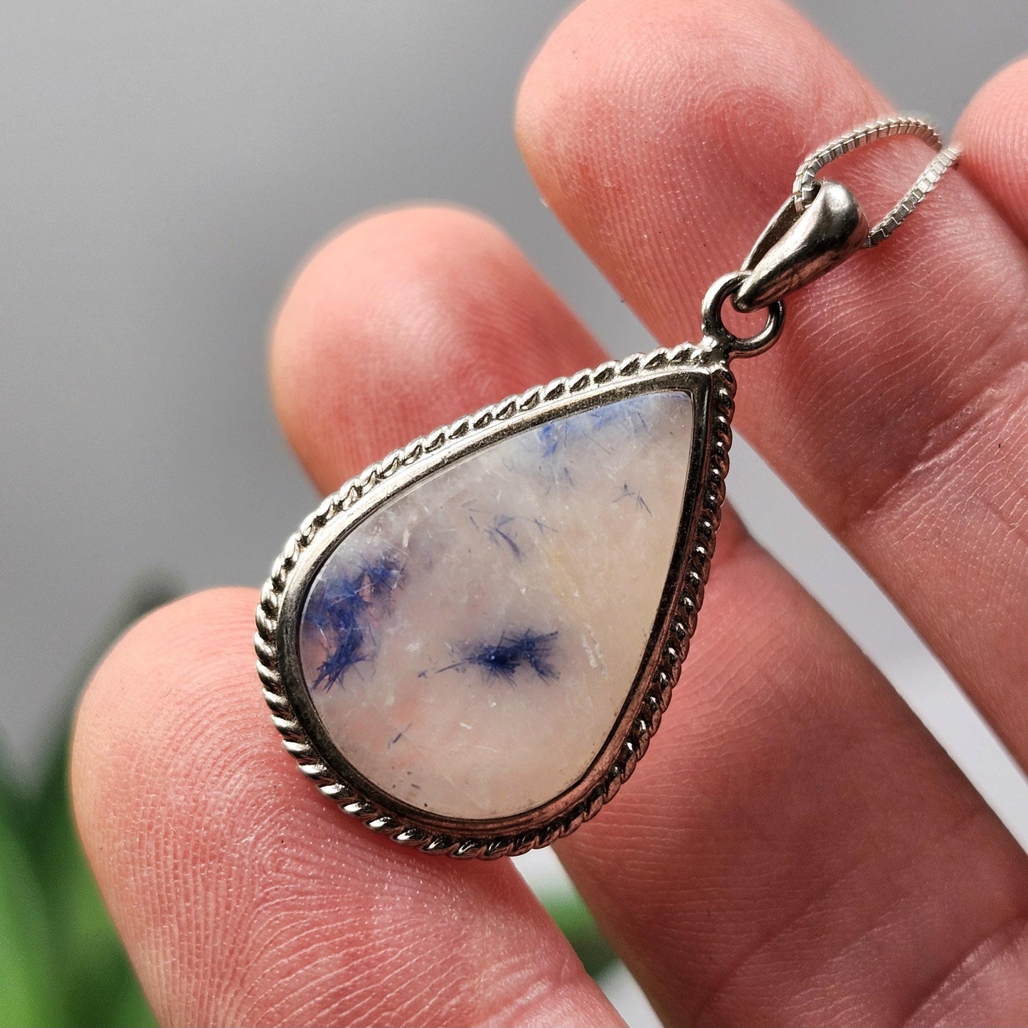 Fibrous Blue Dumortierite in Quartz Pendant, Sterling Silver Dumortierite Necklace
