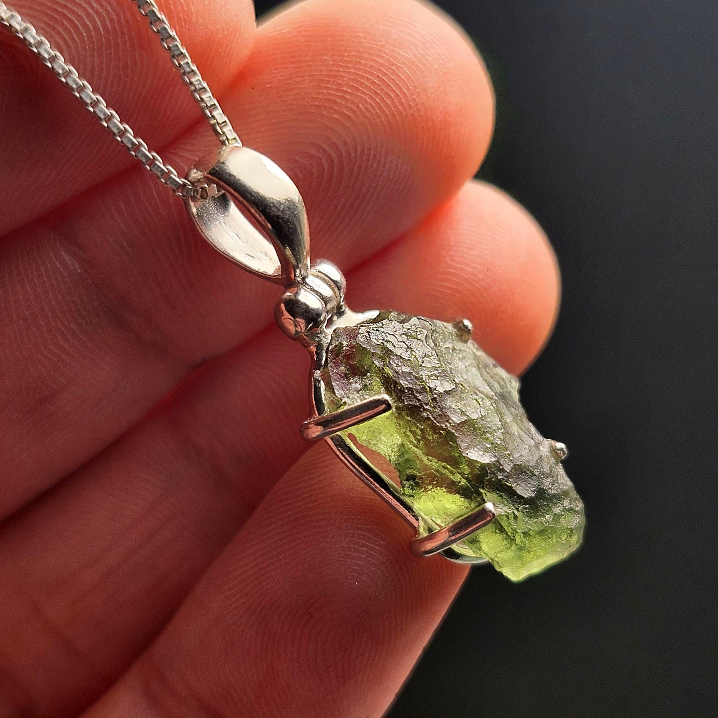 Genuine Moldavite Pendant, Green Tektite Sterling Silver Jewelry