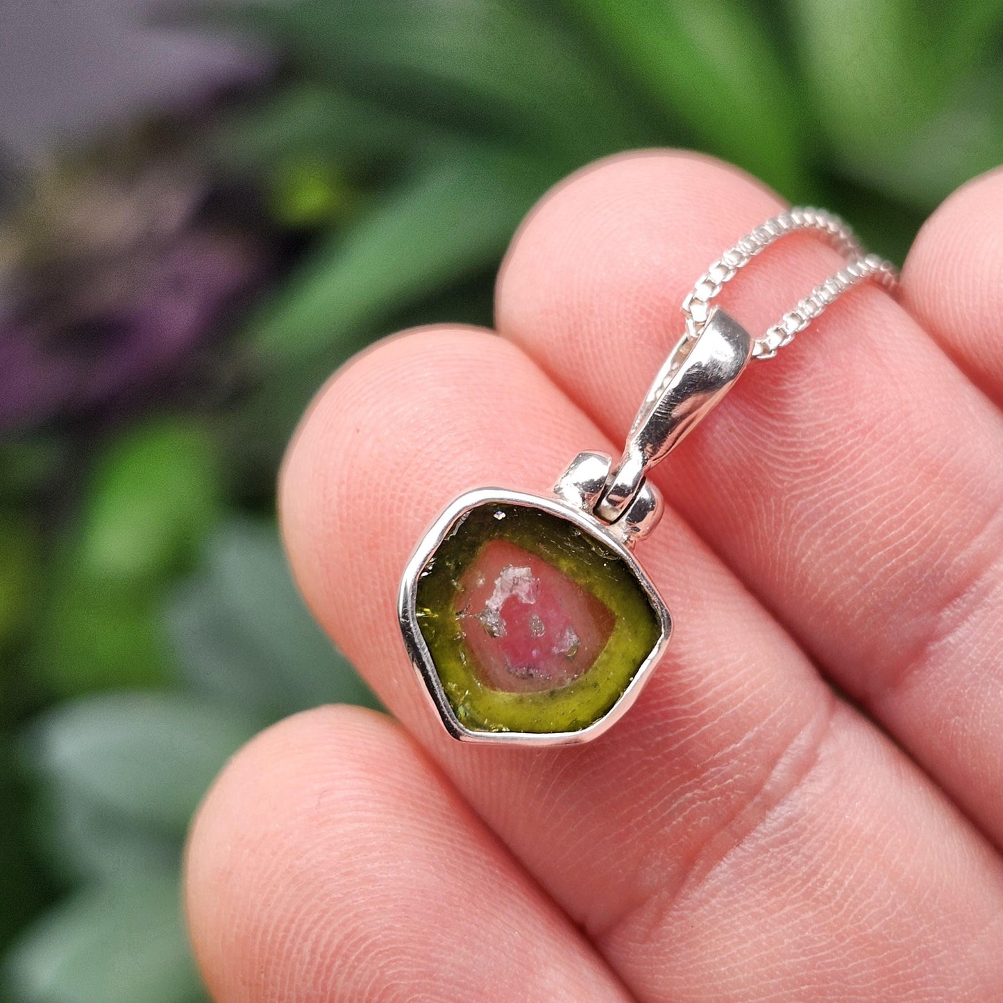 Watermelon Tourmaline Slice Pendant, Sterling Silver Tourmaline Necklace