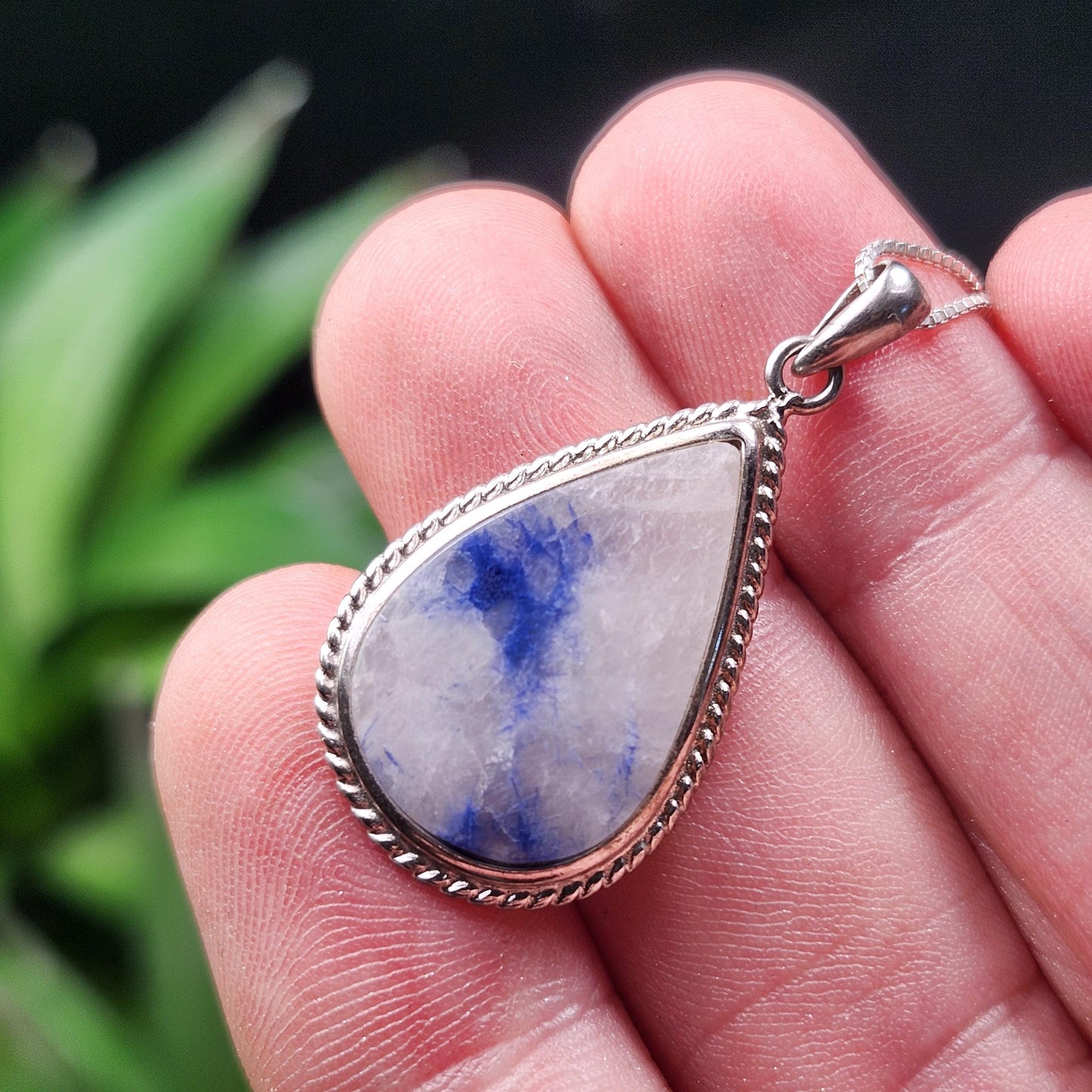 Fibrous Blue Dumortierite in Quartz Pendant, Sterling Silver Dumortierite Necklace