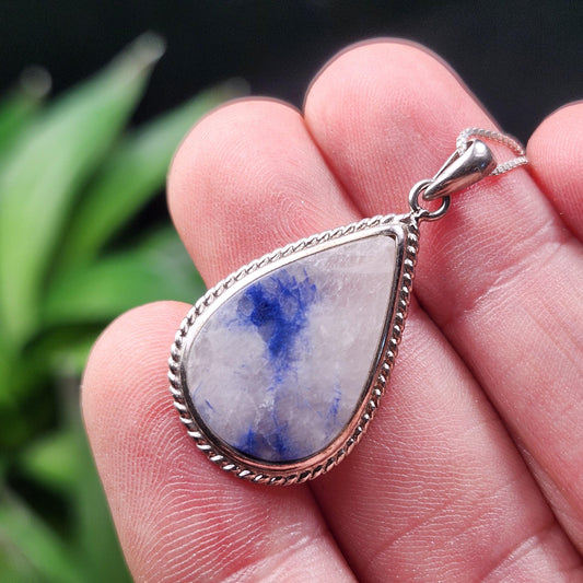 Fibrous Blue Dumortierite in Quartz Pendant, Sterling Silver Dumortierite Necklace