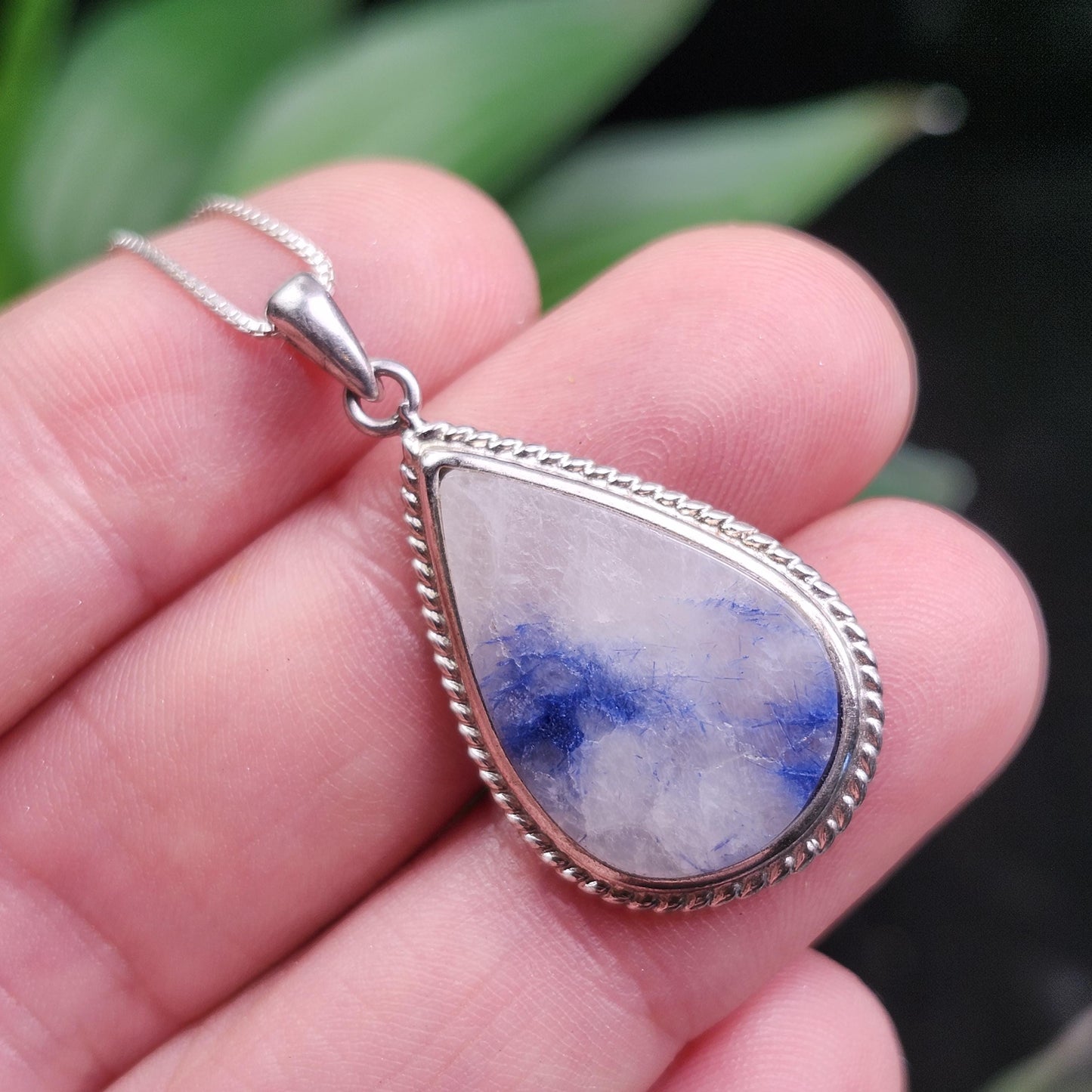 Fibrous Blue Dumortierite in Quartz Pendant, Sterling Silver Dumortierite Necklace