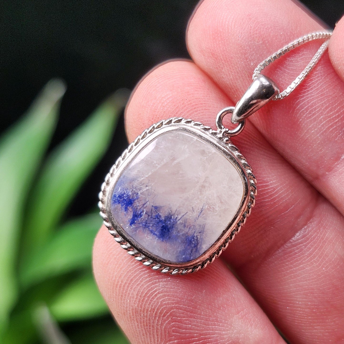 Fibrous Dumortierite in Quartz Pendant, Sterling Silver Blue Dumortierite Necklace