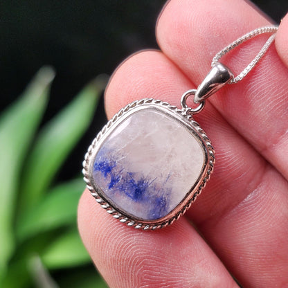 Fibrous Dumortierite in Quartz Pendant, Sterling Silver Blue Dumortierite Necklace