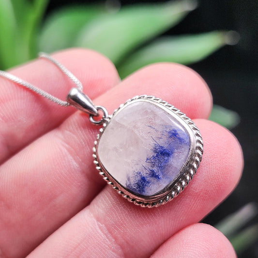 Fibrous Dumortierite in Quartz Pendant, Sterling Silver Blue Dumortierite Necklace