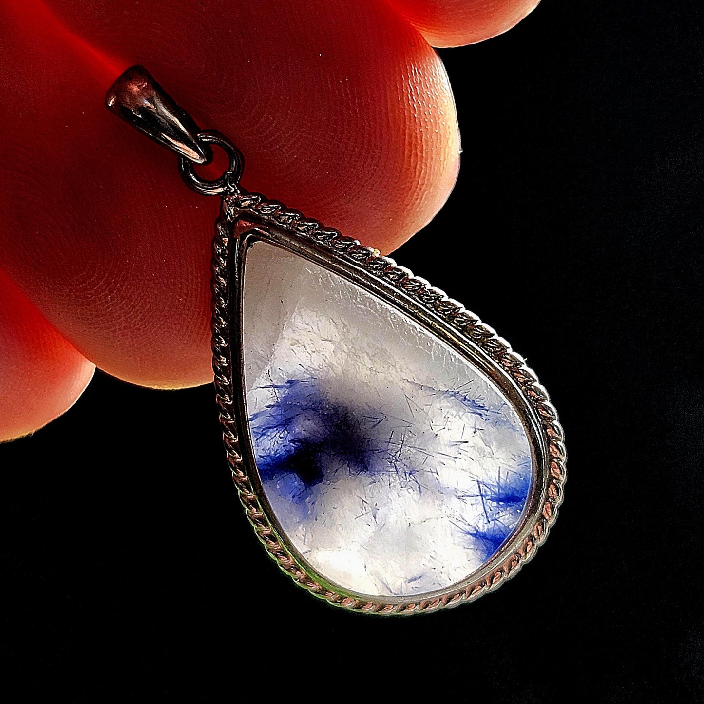 Fibrous Blue Dumortierite in Quartz Pendant, Sterling Silver Dumortierite Necklace
