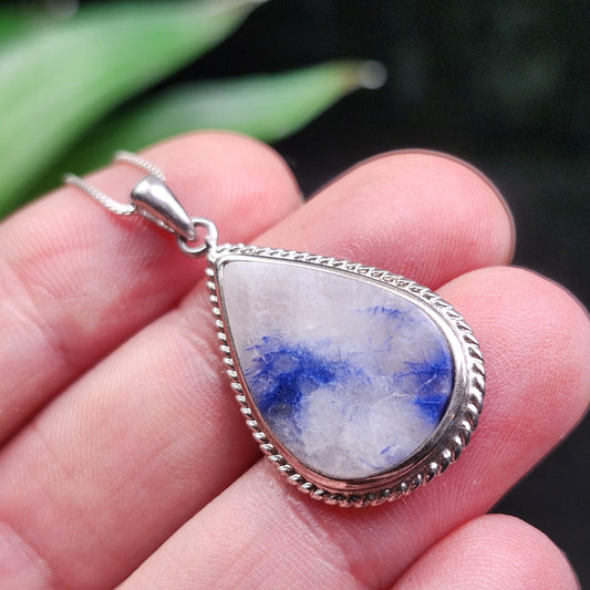 Fibrous Blue Dumortierite in Quartz Pendant, Sterling Silver Dumortierite Necklace