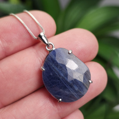 Blue Sapphire Pendant, Faceted Sapphire Sterling Silver Necklace