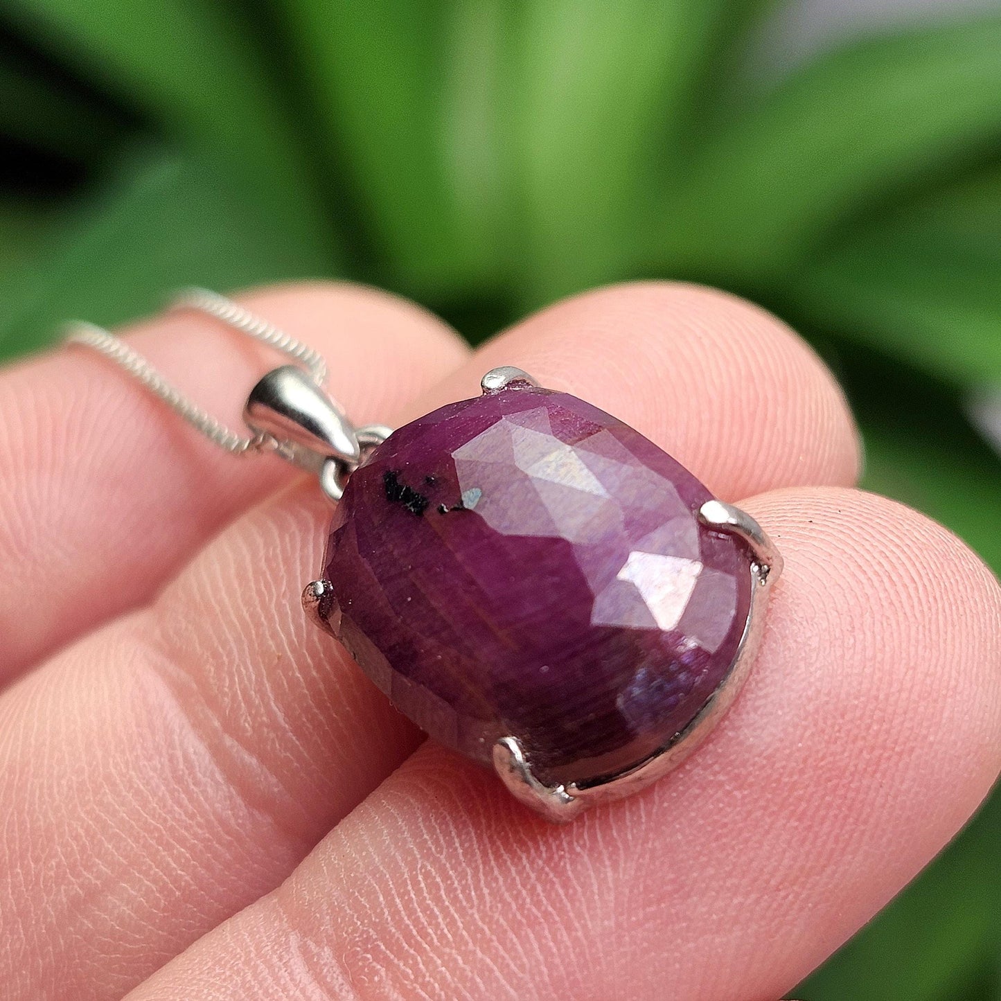 Faceted Ruby Crystal Pendant, UV Reactive Ruby Sterling Silver Necklace