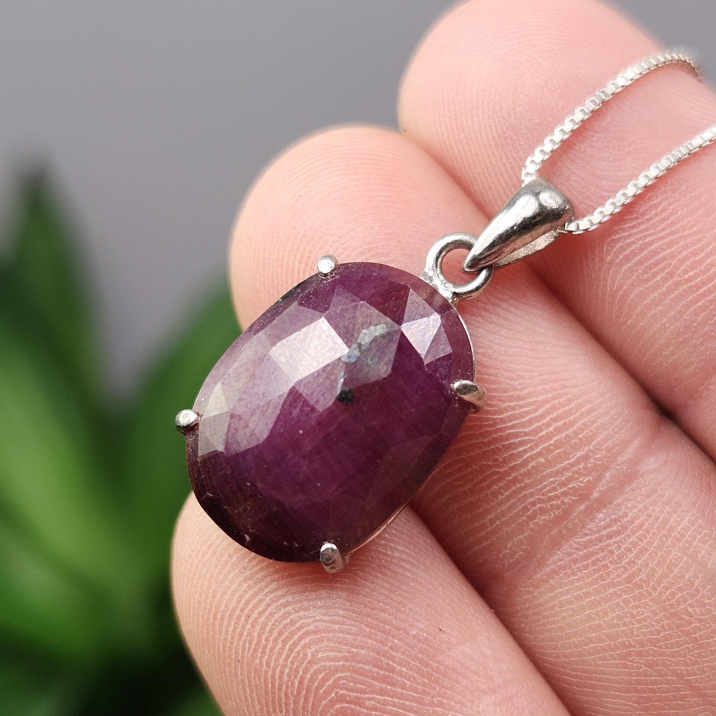 Faceted Ruby Crystal Pendant, UV Reactive Ruby Sterling Silver Necklace