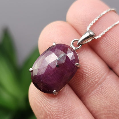 Faceted Ruby Crystal Pendant, UV Reactive Ruby Sterling Silver Necklace