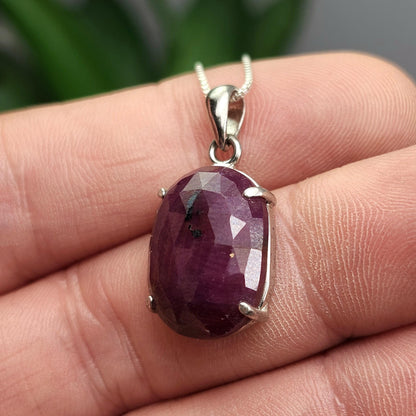 Faceted Ruby Crystal Pendant, UV Reactive Ruby Sterling Silver Necklace