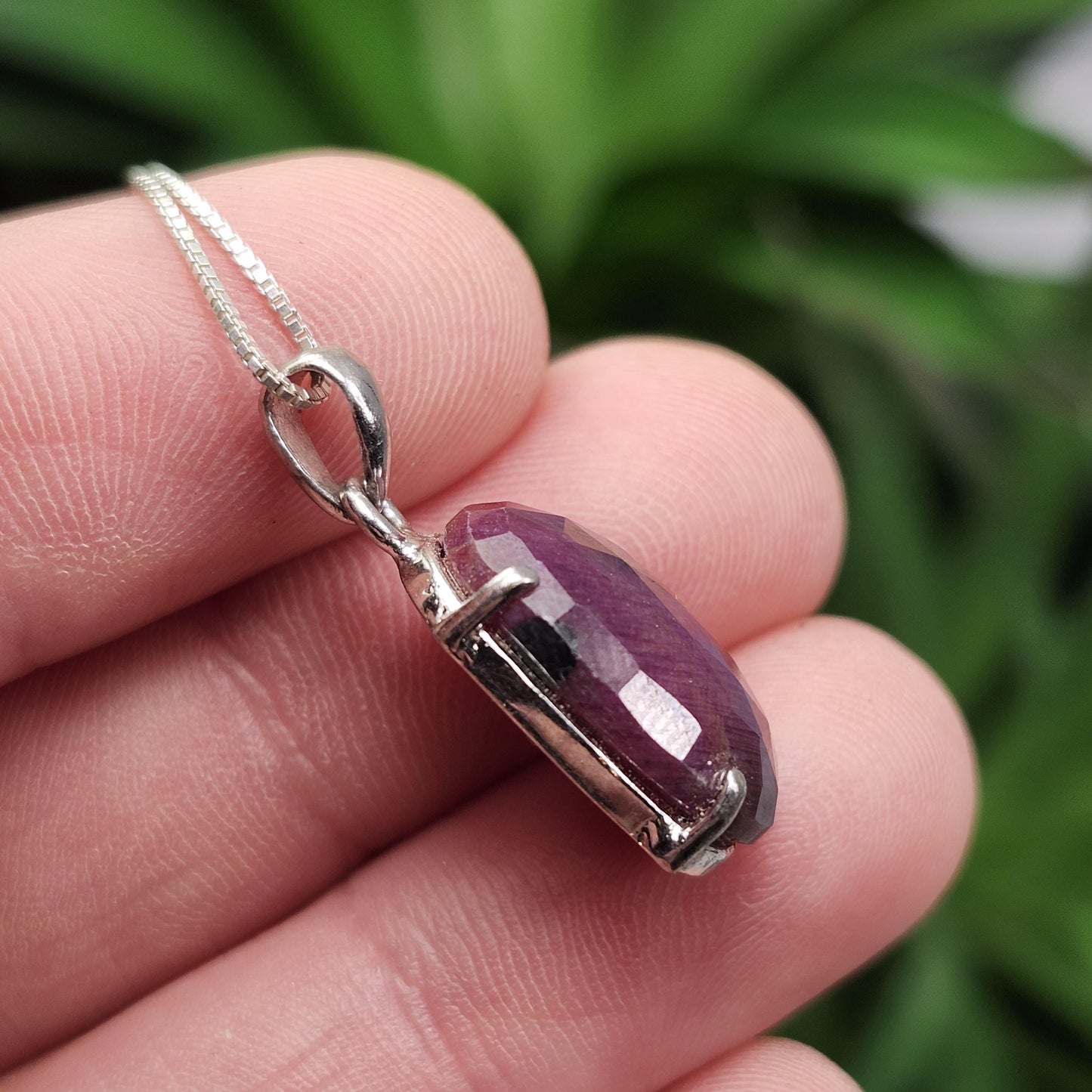 Faceted Ruby Crystal Pendant, UV Reactive Ruby Sterling Silver Necklace