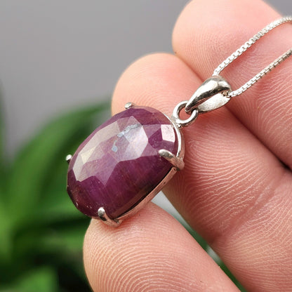 Faceted Ruby Crystal Pendant, UV Reactive Ruby Sterling Silver Necklace
