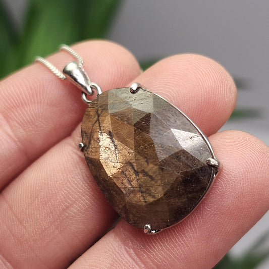 Golden Sapphire Pendant, Faceted Chocolate Sapphire Sterling Silver Necklace