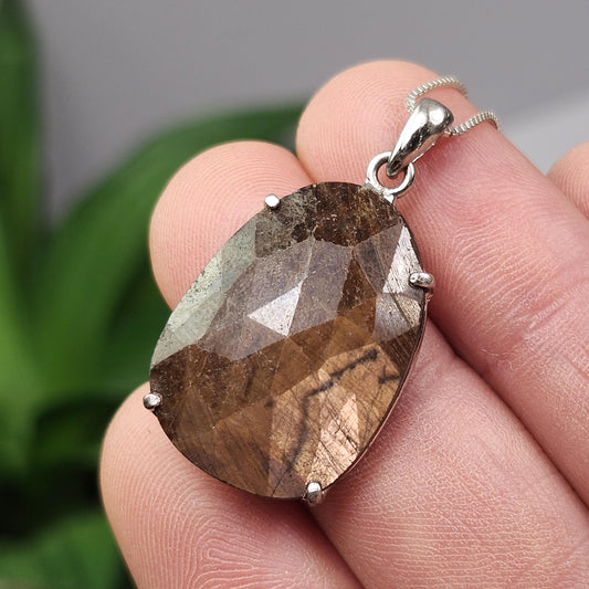 Golden Sapphire Pendant, Faceted Chocolate Sapphire Sterling Silver Necklace