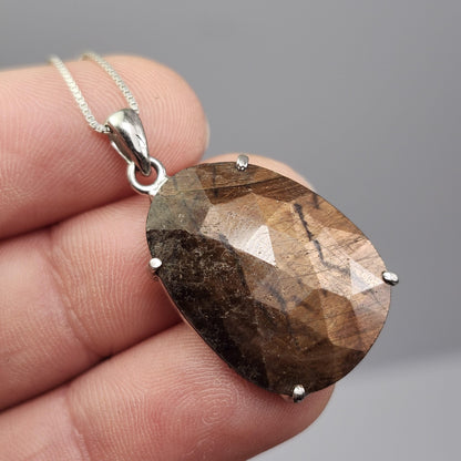 Golden Sapphire Pendant, Faceted Chocolate Sapphire Sterling Silver Necklace