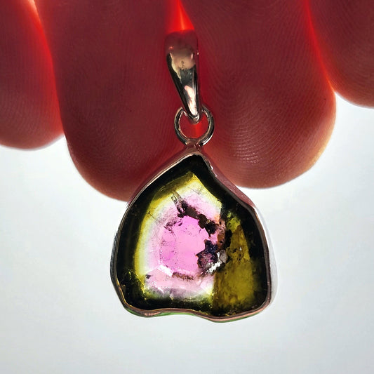 Watermelon Tourmaline Slice Pendant, Sterling Silver Tourmaline Necklace