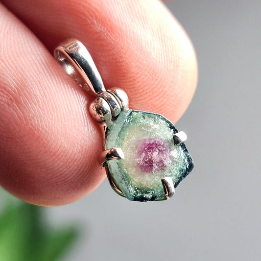 Watermelon Tourmaline Slice Pendant, Sterling Silver Tourmaline Necklace