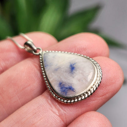 Fibrous Blue Dumortierite in Quartz Pendant, Sterling Silver Dumortierite Necklace