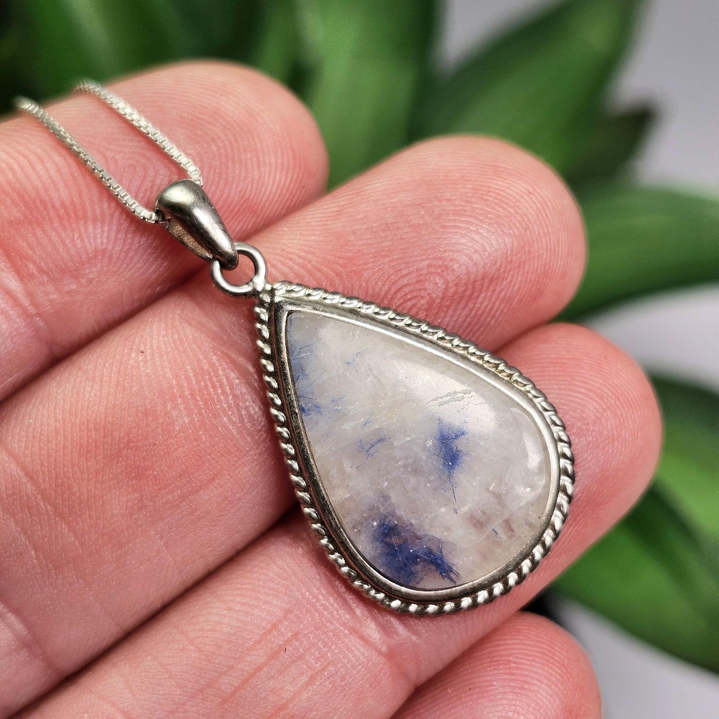 Fibrous Blue Dumortierite in Quartz Pendant, Sterling Silver Dumortierite Necklace