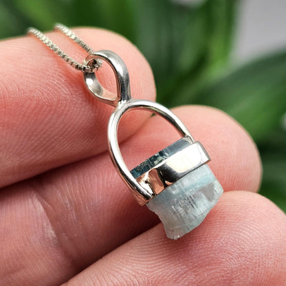 Blue Tourmaline Pendant, Sterling Silver Terminated Tourmaline Necklace