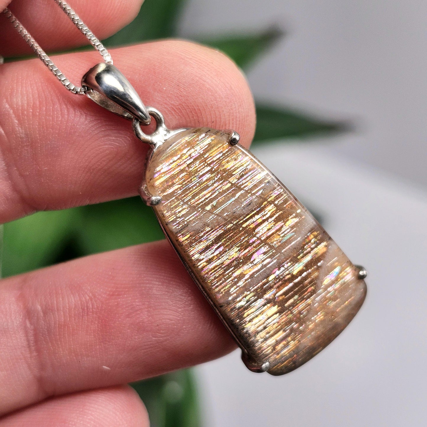 Rainbow Lattice Sunstone Pendant, Sterling Silver Sunstone Necklace