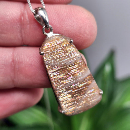Rainbow Lattice Sunstone Pendant, Sterling Silver Sunstone Necklace