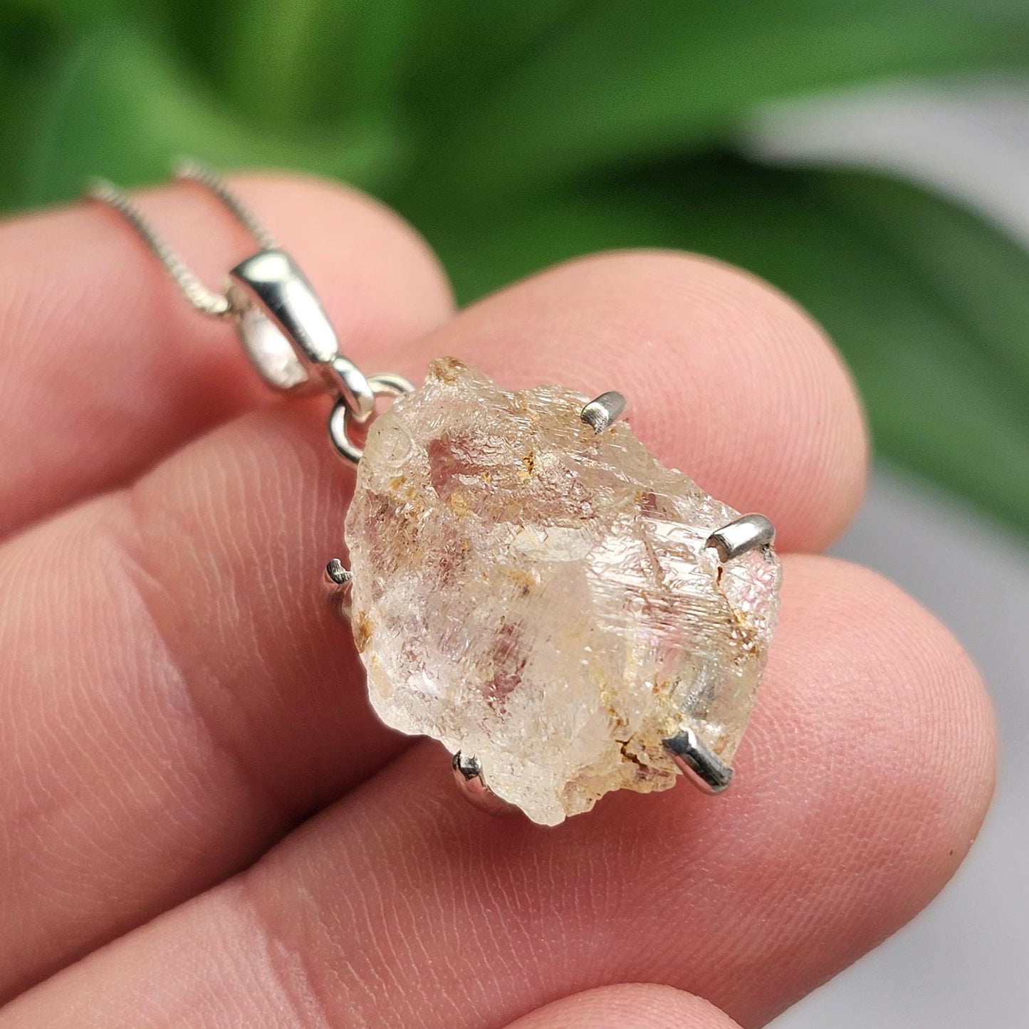 Etched Phenacite Pendant, Nigerian Phenakite Crystal Sterling Silver Necklace