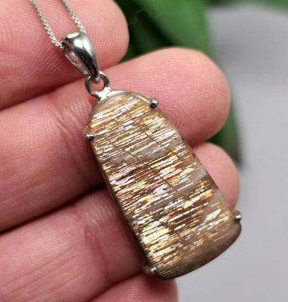 Rainbow Lattice Sunstone Pendant, Sterling Silver Sunstone Necklace