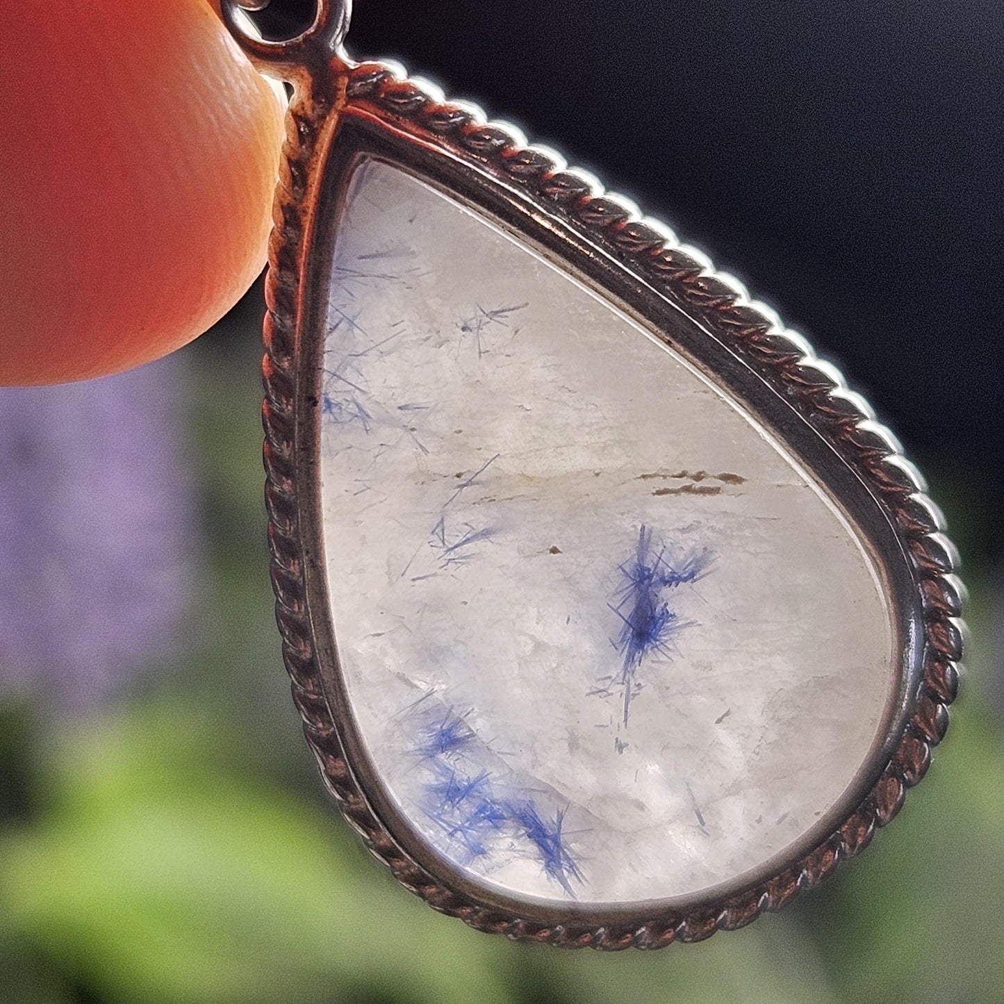 Fibrous Blue Dumortierite in Quartz Pendant, Sterling Silver Dumortierite Necklace