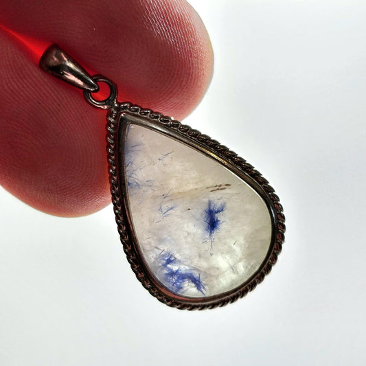 Fibrous Blue Dumortierite in Quartz Pendant, Sterling Silver Dumortierite Necklace