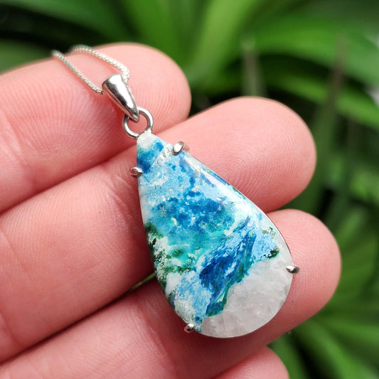 Shattuckite Pendant, Sterling Silver Shattuckite & Malachite Crystal Polished Necklace