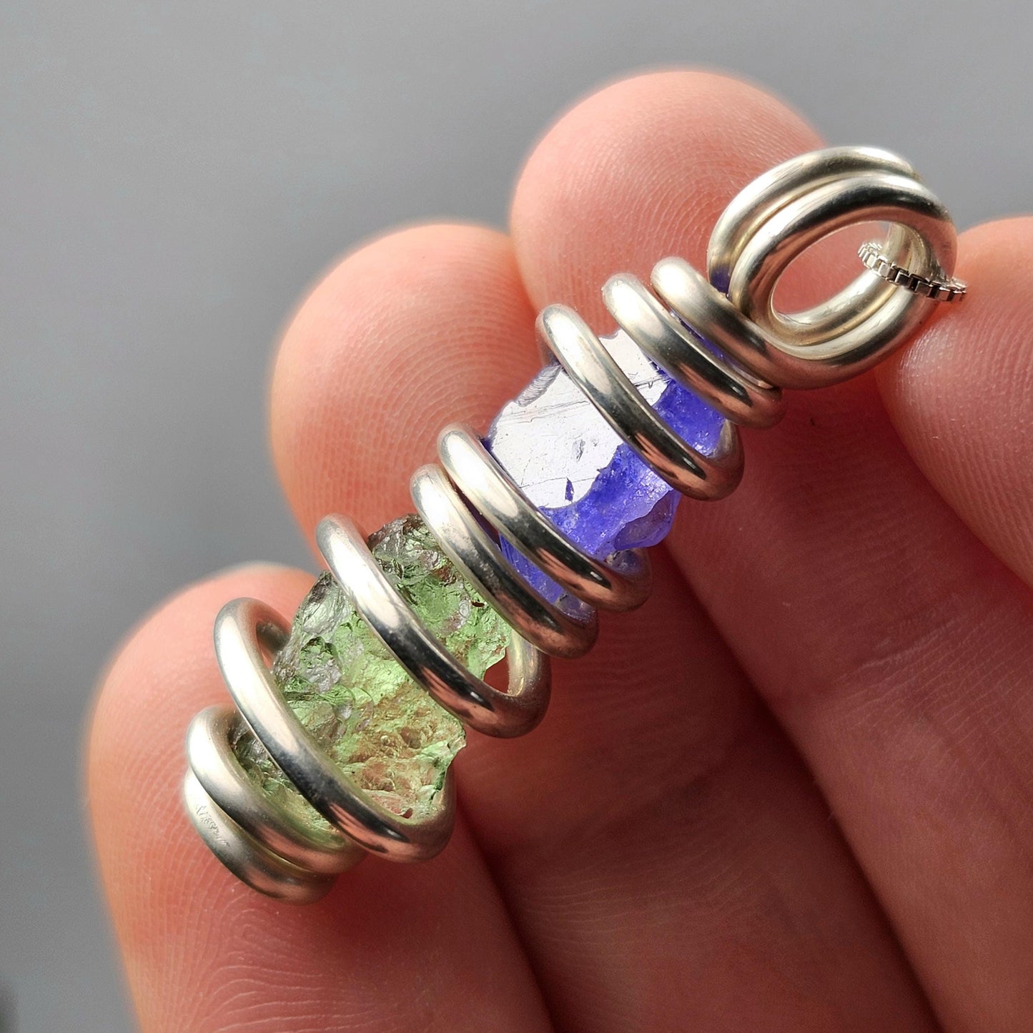 Moldavite & Tanzanite Pendant, Sterling Silver Authentic Moldavite Necklace