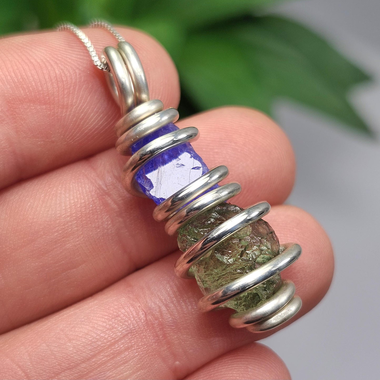 Moldavite & Tanzanite Pendant, Sterling Silver Authentic Moldavite Necklace