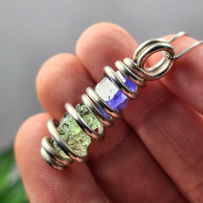 Moldavite & Tanzanite Pendant, Sterling Silver Authentic Moldavite Necklace