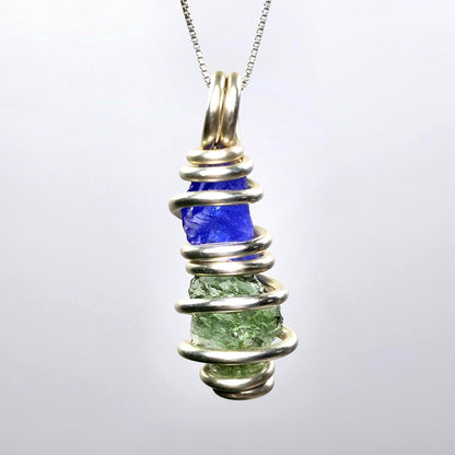 Moldavite & Tanzanite Pendant, Sterling Silver Authentic Moldavite Necklace