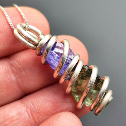 Moldavite & Tanzanite Pendant, Sterling Silver Authentic Moldavite Necklace