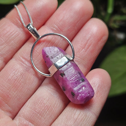 Ruby Crystal Pendant, Raw Indian Ruby Sterling Silver Necklace
