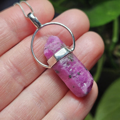 Ruby Crystal Pendant, Raw Indian Ruby Sterling Silver Necklace