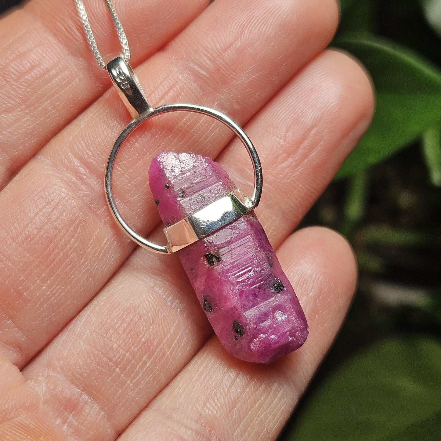 Ruby Crystal Pendant, Raw Indian Ruby Sterling Silver Necklace