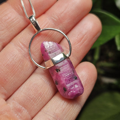 Ruby Crystal Pendant, Raw Indian Ruby Sterling Silver Necklace