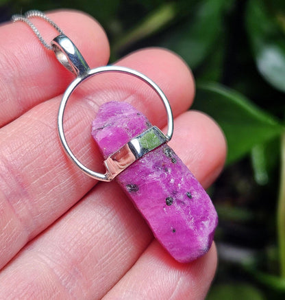 Ruby Crystal Pendant, Raw Indian Ruby Sterling Silver Necklace