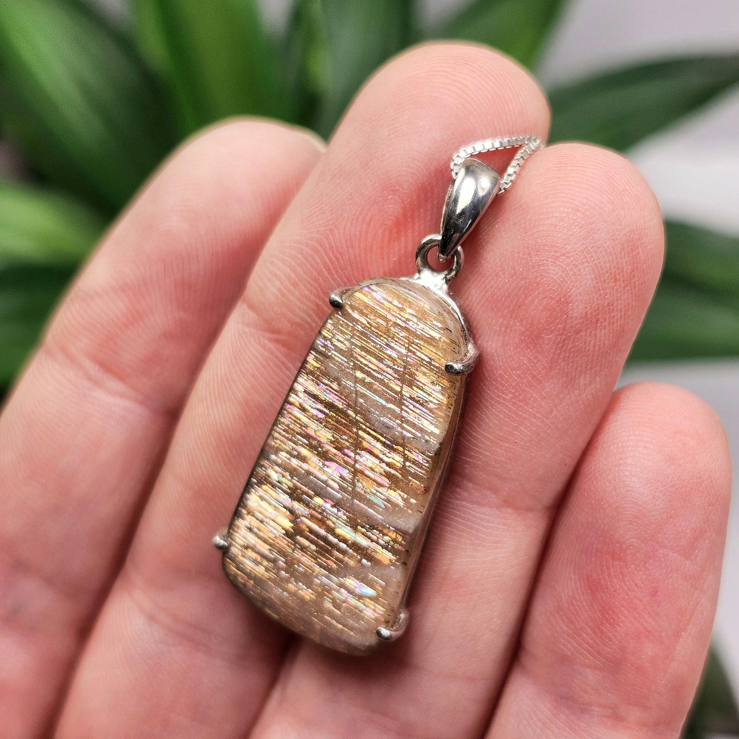 Rainbow Lattice Sunstone Pendant, Sterling Silver Sunstone Necklace