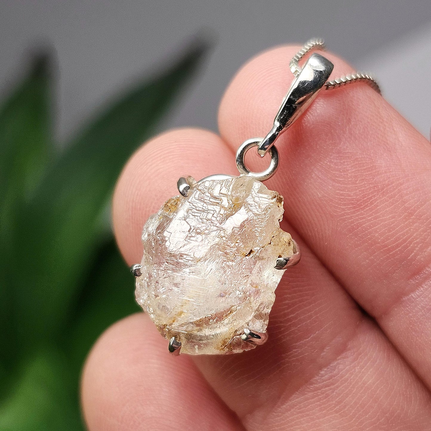 Etched Phenacite Pendant, Nigerian Phenakite Crystal Sterling Silver Necklace